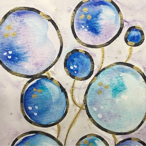 Original Artwork Framed Loose Watercolor Floral Bubble Art Painting by H. Barrow - Picture 3 of 5